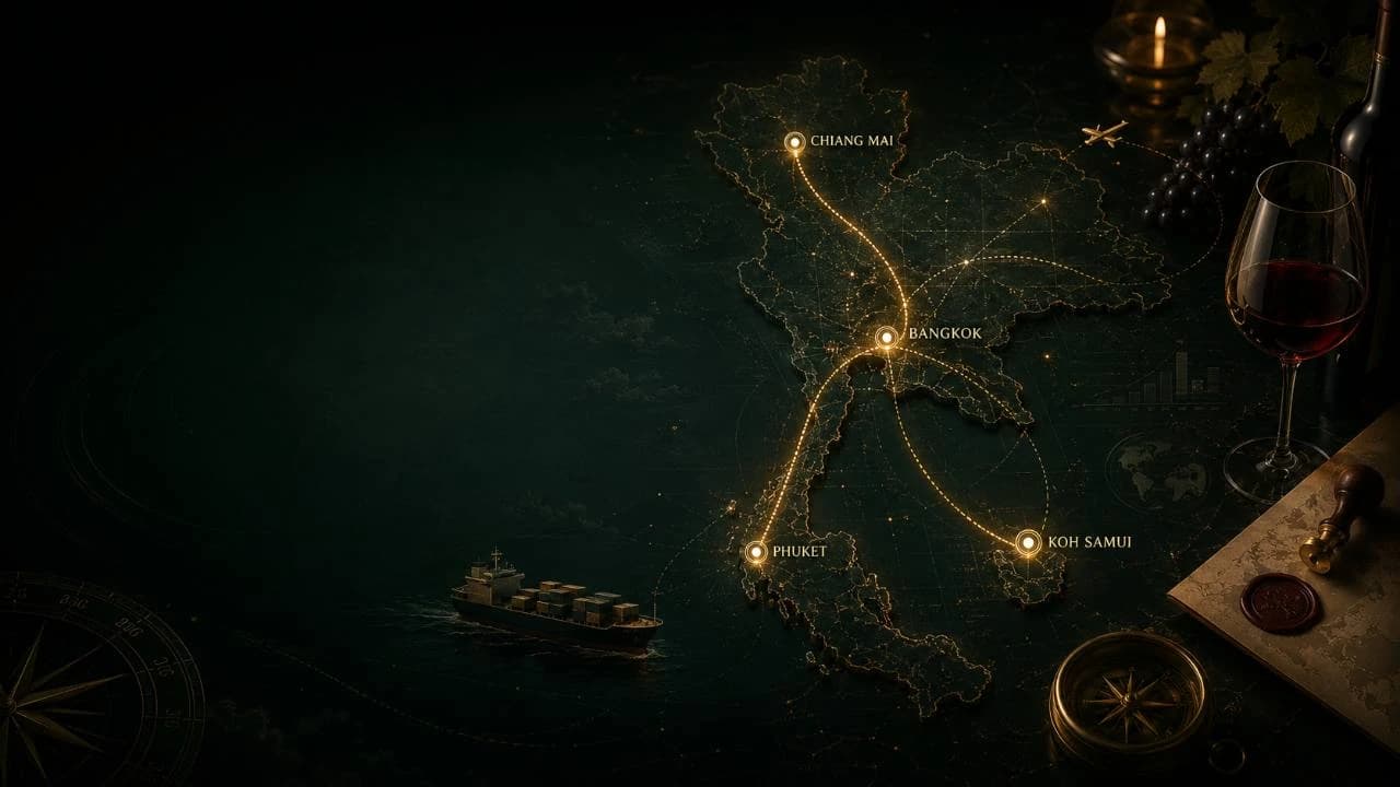 Thailand wine trade route map highlighting Chiang Mai, Bangkok, Phuket, and Koh Samui